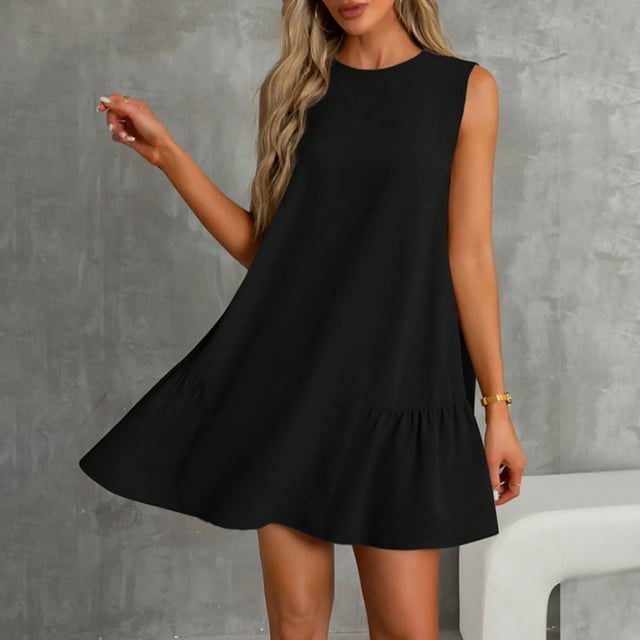 Meichang Robes d'Été pour Femmes 2025 Été Robes Évasées Sans Manches Col Rond Ourlet à Volants Mini Robes Coupe Ample Décontractée