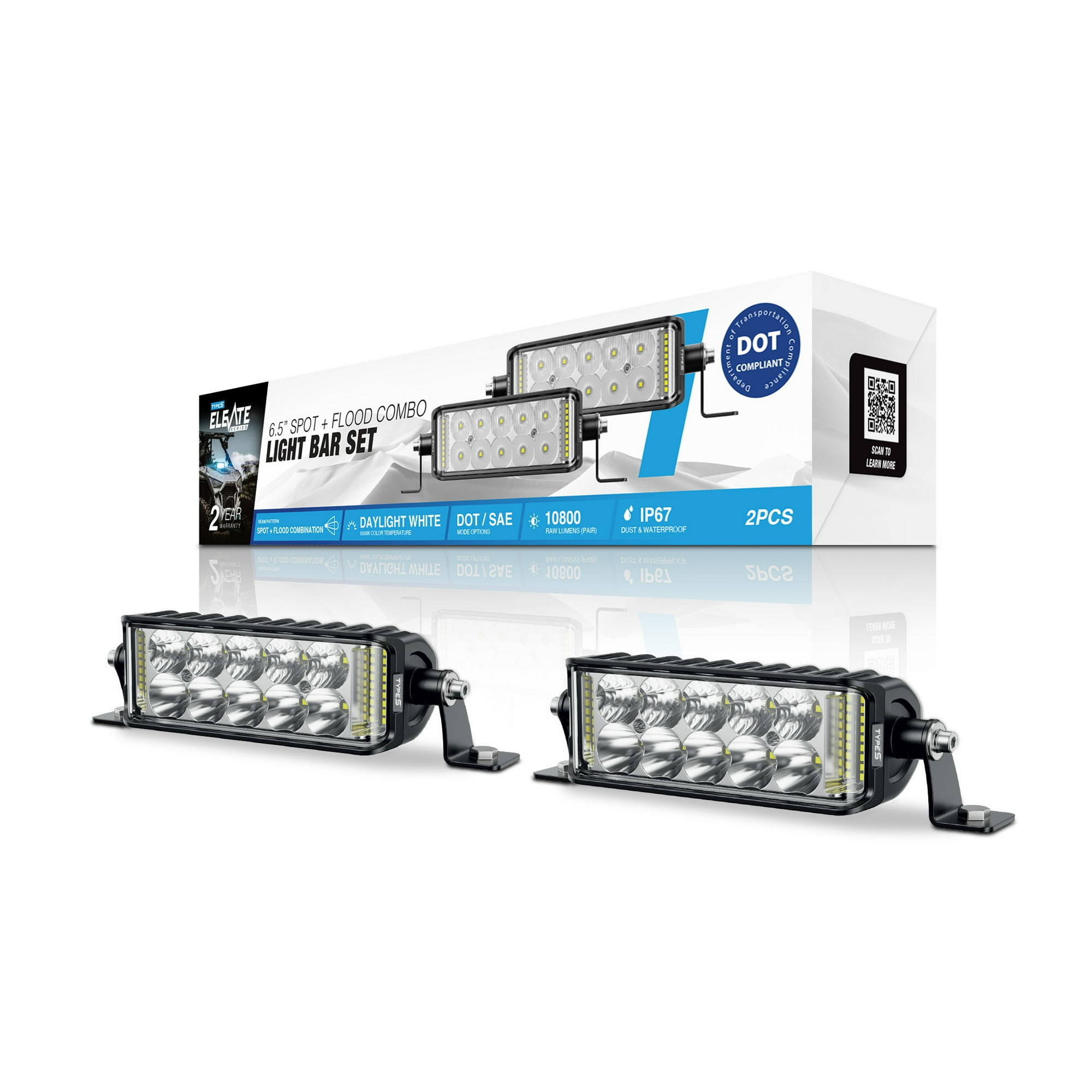 TYPE S Elevate 6.5 inch Spot + Flood Combo Beam Light Bar Set - DOT Compliant, 10,800 Raw Lumens, Waterproof, Die-cast, Off-road Lights for Truck, Jeep, Utv, Atv, Suv, 2 Pack