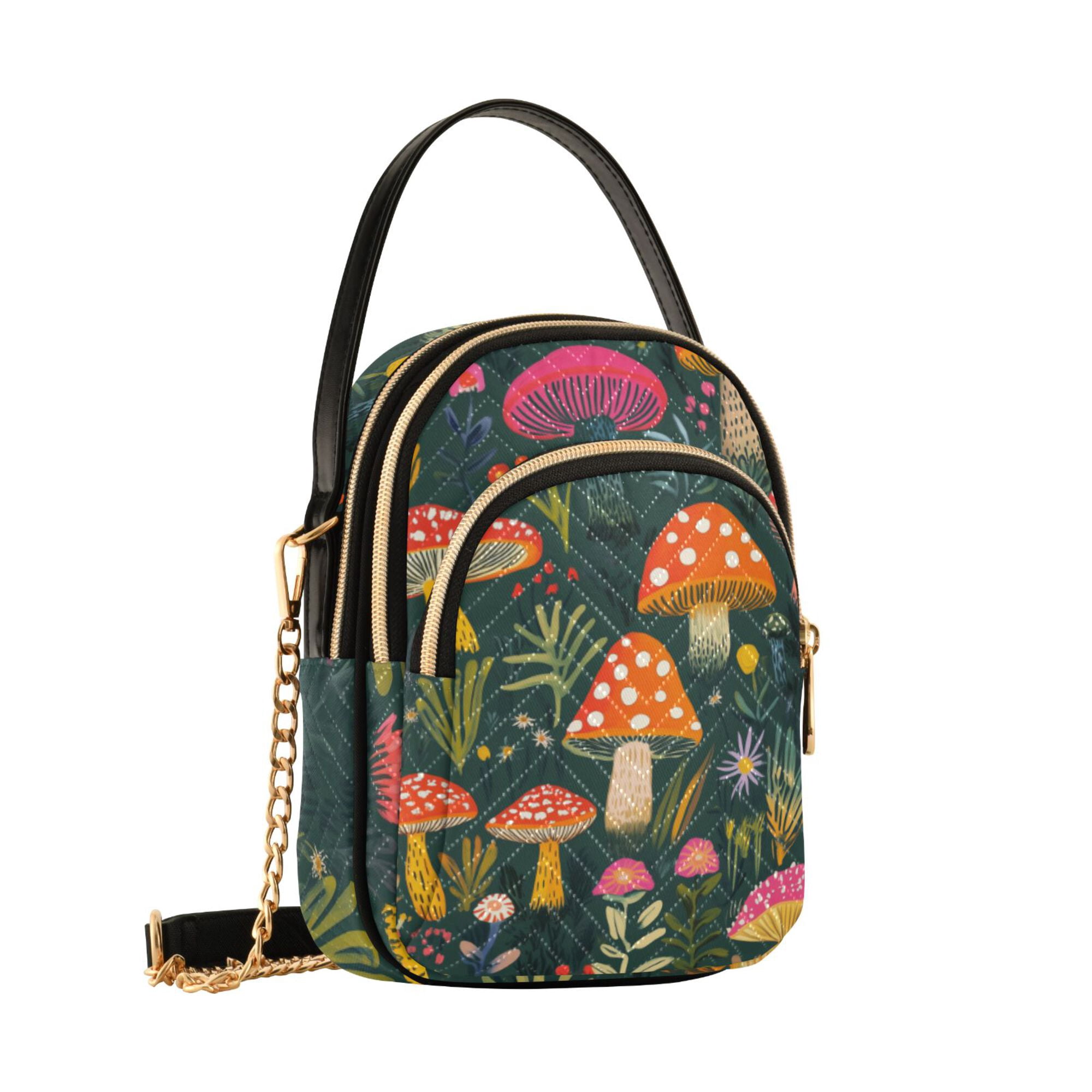 FORMRS Crossbody Bag for Women Quilted Travel Shoulder Cell Phone Purse with Chain Strap Handbag, Orange Mushroom