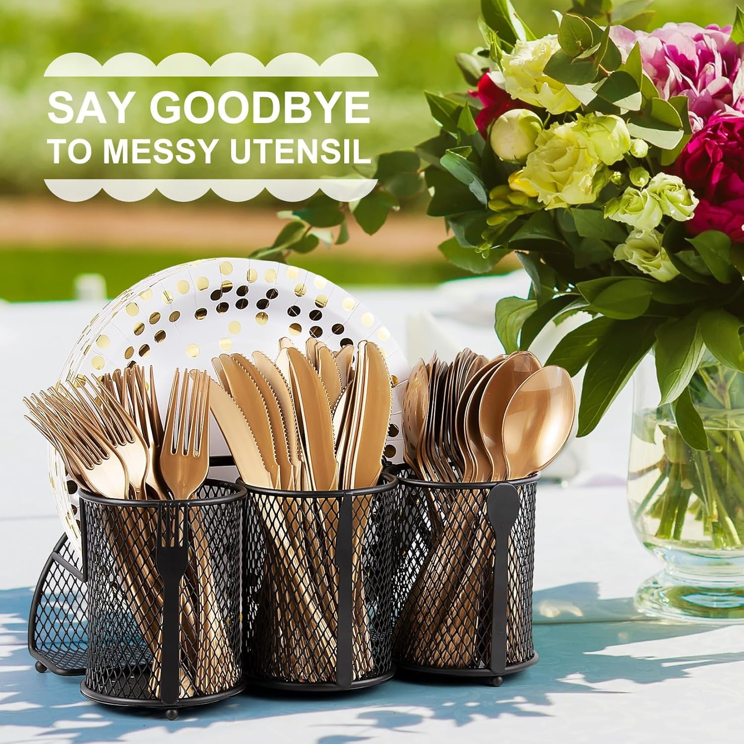 Utensil Organizer Silverware Caddy - Utensil Holder for Party Metal Cutlery Organizer Silverware Storage for Picnic Camping Buffet Kitchen Table (Black)