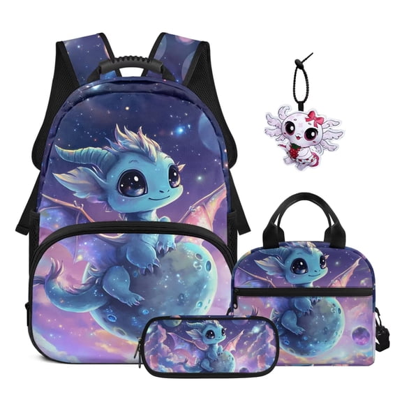 Garronmavis Kids Backpack Set for Elementary School Girls, 4-Piece Set Includes Bookbag & Lunch Bag & Pencil Case & Cute Axolotl Keychain, Ideal for Daily Elementary School Use