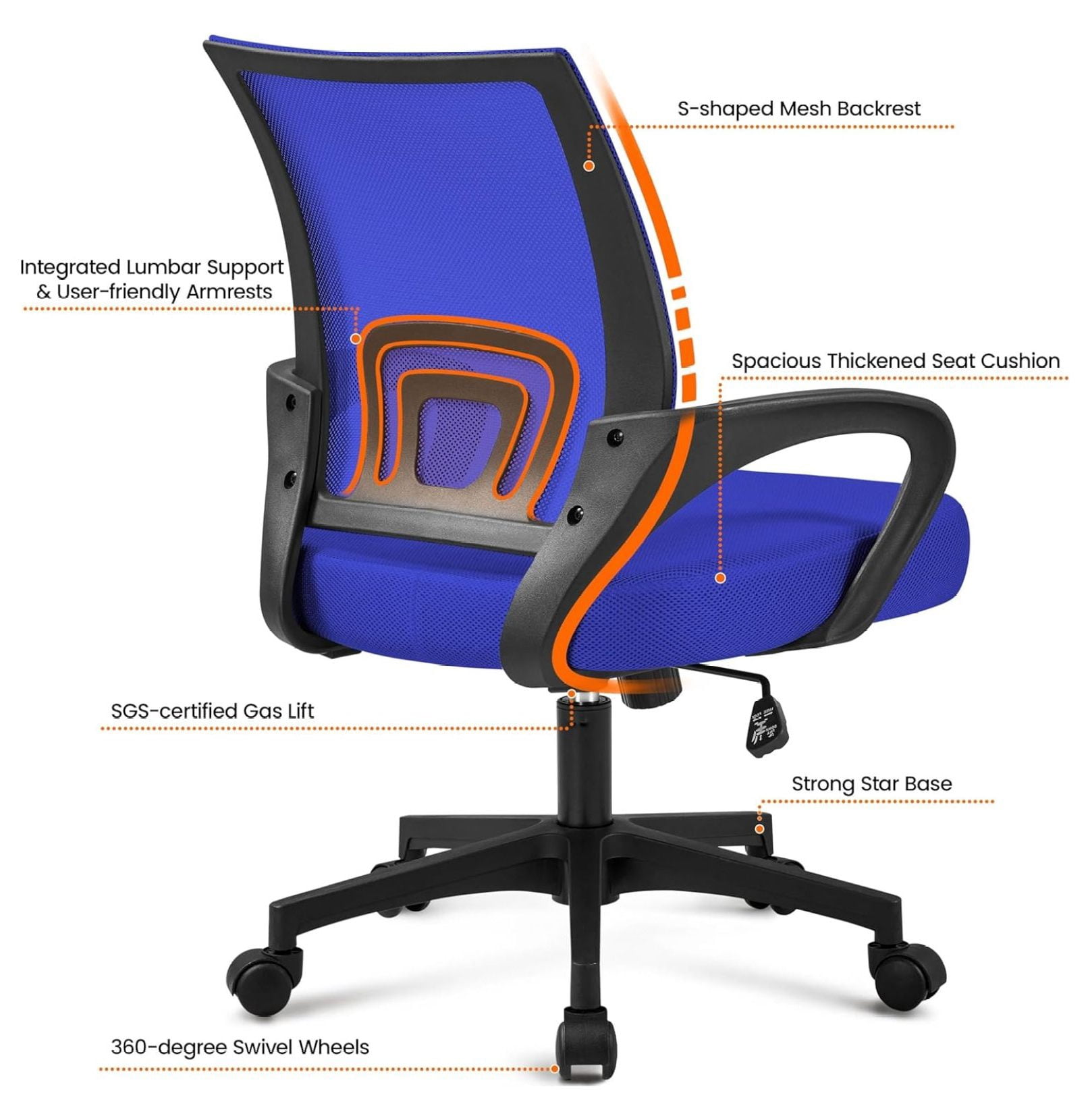 Ergonomic Office Chair Desk Chair Mesh Back Adjustable Computer Chair with Lumbar Support Swivel Rolling Wheels for Home Office Blue