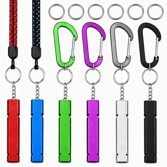 6 Pack Emergency Whistle Set, 120dB, 2 Paracord Lanyards & 4 Carabiners Dual Size Aluminum Safety Whistles for Personal Safety, Camping, Hiking, Survival and Marine Rescue; Loud and Lightweight