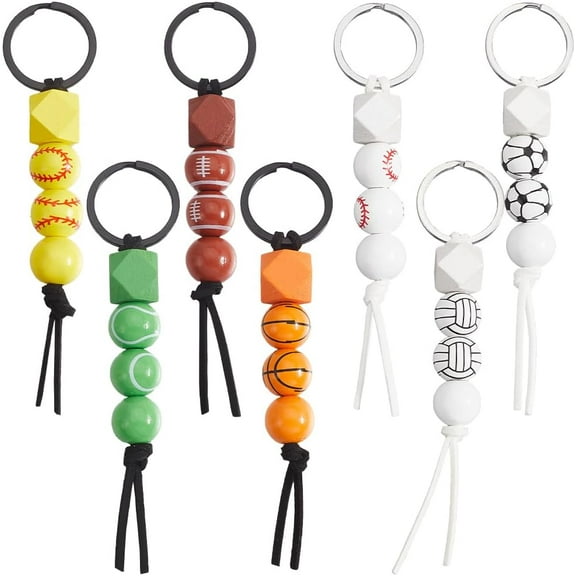 7Pcs 7 Colors Basketball Key Chains Bulk Beadable Keychains Kits Wood Small Round Soccer Volleyball Colorful Sport Ball Charm Keychain Set for Car Key Keychain Party Wedding Favors Adult