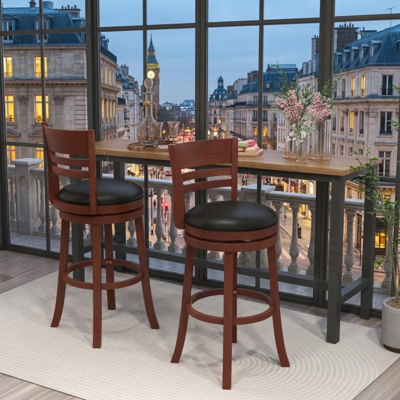 Furnibear Set of 2 360° Bar Stools with PU Upholstered Seats for Kitchen Island Counter Bar Pub Dining Home, Brown