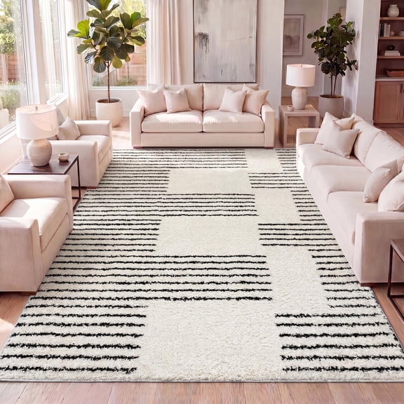 JONATHAN Y MOROCCAN HYPE 5 x 8 Area Rug, Petra Abstract Stripe Geometric Shag - White/Gray, MOH407A-5
