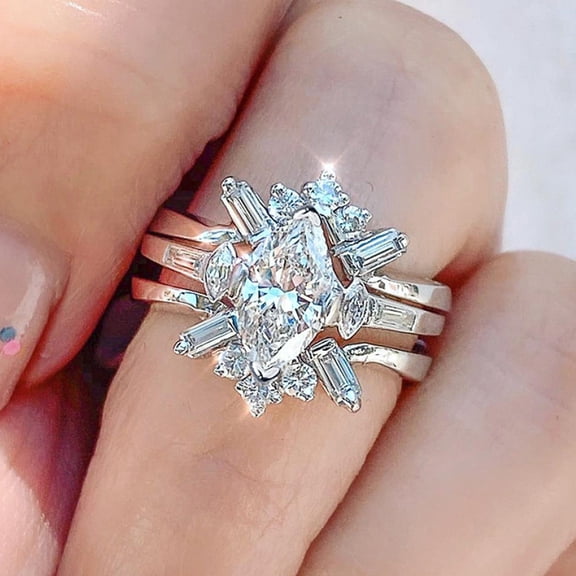 LINXIQIN Womens 14K White Gold Plated Ring with Cubic Zirconia Size 7 3 Piece Set