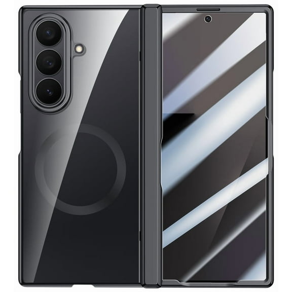 Nakedcellphone Electro Series for Samsung Galaxy Z Fold 7 Phone Case - Built-In Screen Protector and Hinge Cover - Compatible with MagSafe - Black/Clear