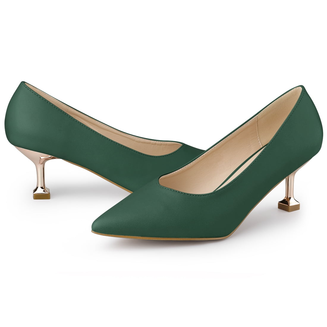 Court Shoes Dark Green Low Heels BLISSFUL STEP Women's Pointed Toe