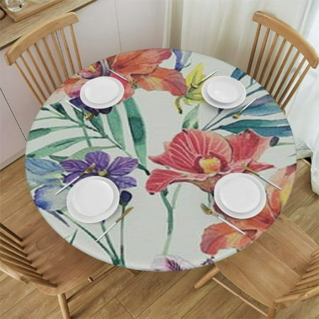 

Tllo0ord Floral Round Fitted Tablecloth Watercolored Exotic Foliage Summer Print Elastic Edged Polyester Table Pad Small Fit Round Tables for Kitchen Dining Party 42-46