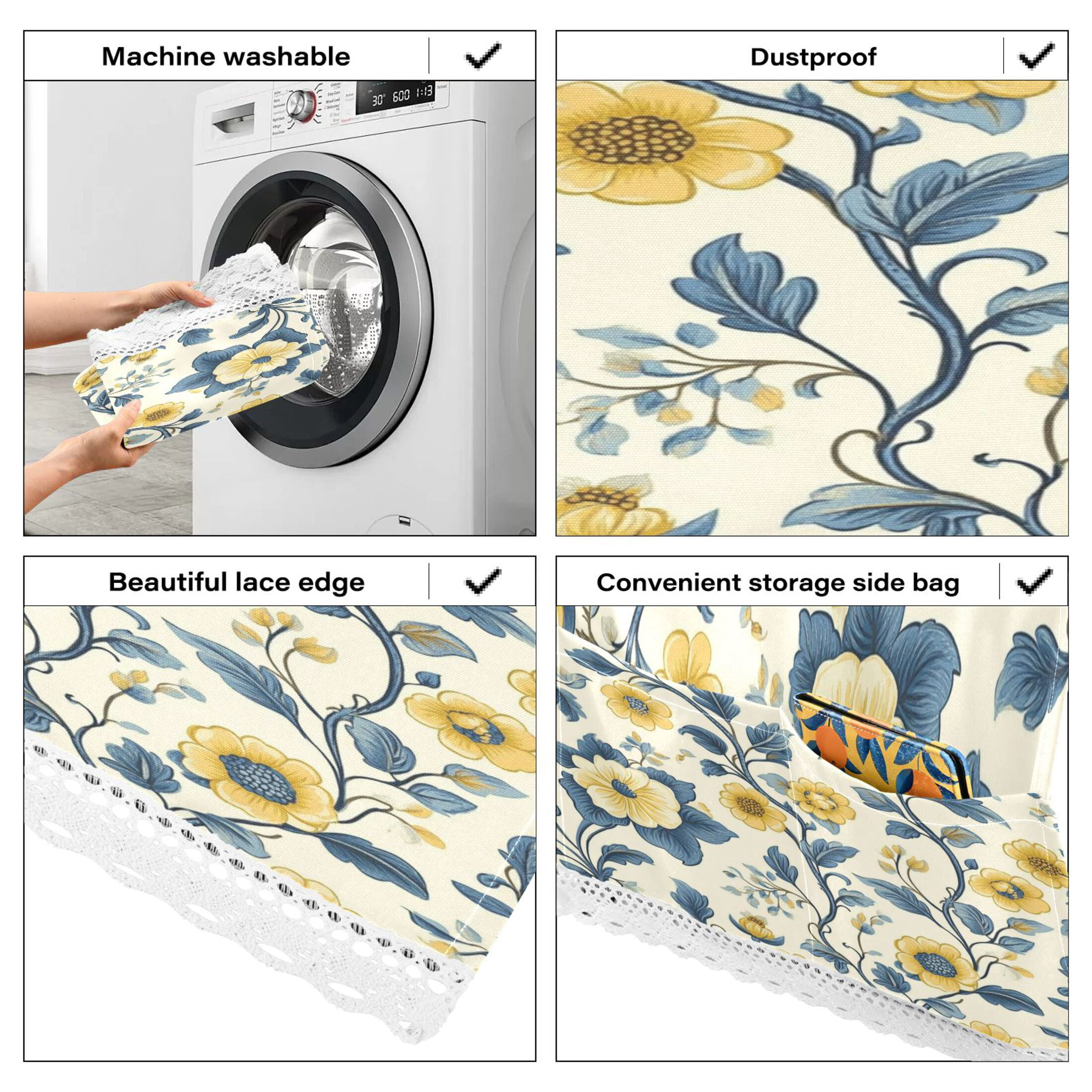 WOBOGO Yellow Vintage Floral Pattern Washing Machine Cloth Dryer Refrigerator Top Cover Protective Non-Slip Mat For Kitchen Laundry