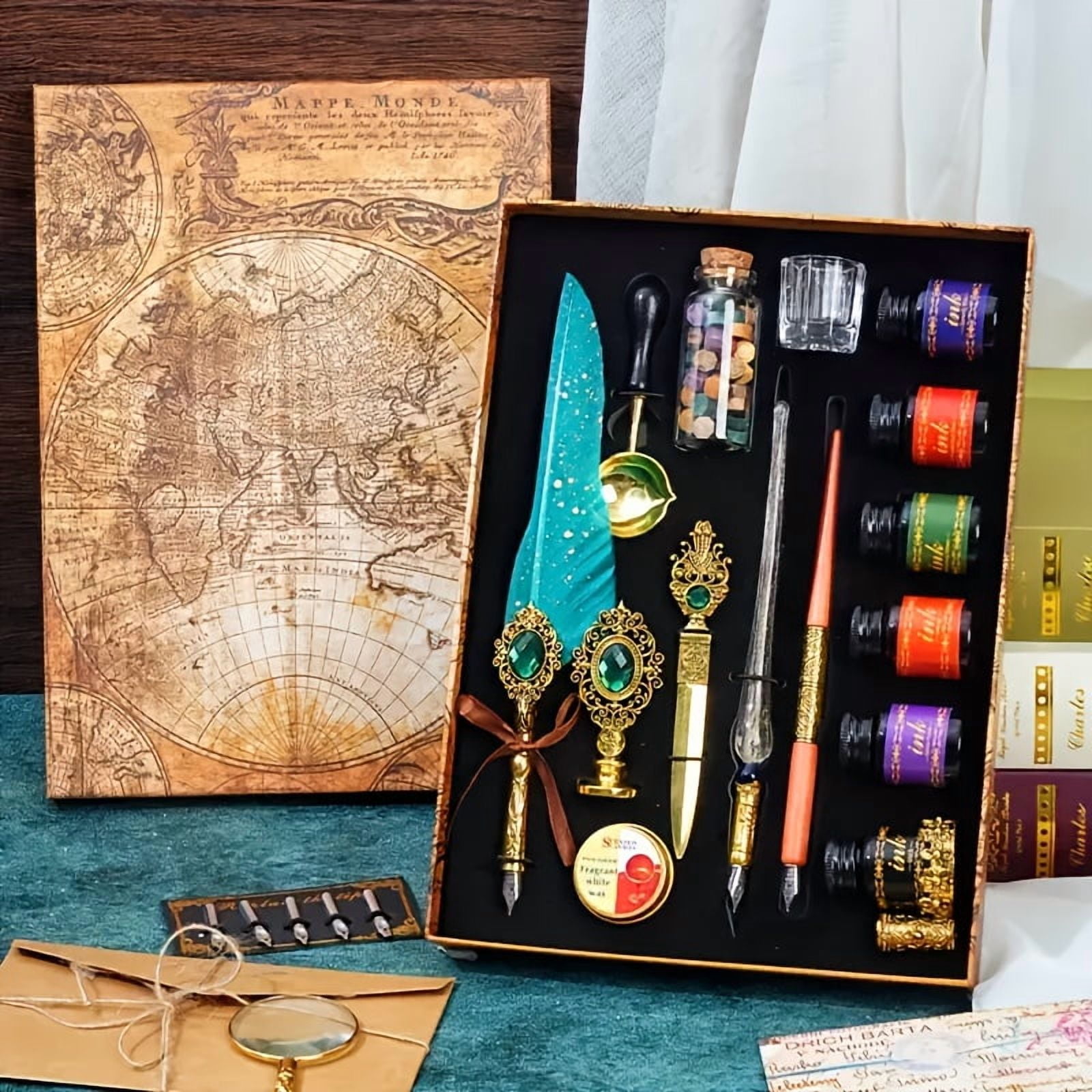 1Set Quill Pen And Ink Set Vintage Pen Calligraphy Set-Antique Gemstone Feather Pen Set With Dip Pen Fire Lacquer Wax Beads Spoon Seal Stamp Candle Pen Base Cup, Christmas Thanksgiving Halloween Gift