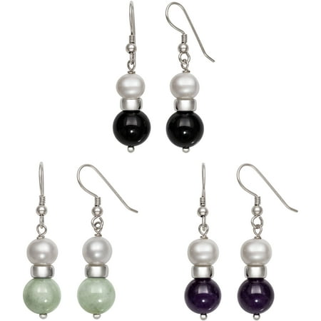 7-8mm Cultured Freshwater Pearl and Multi-Stone Sterling Silver Earrings, Set of 3