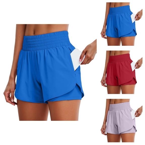 Athletic Shorts for Women with Liner 2 in 1 Elastic High Waist Workout Exercise Running Yoga Gym Shorts with Pockets