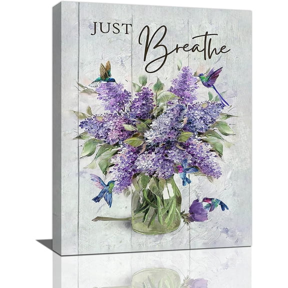 Farmhouse Lavender Bathroom Flower Decor Wall Art Just Breathe Rustic Hummingbird Floral Purple Pictures Wall Decor Canvas Painting Prints Artwork Home Decorations Framed for Bedroom 12"x16"