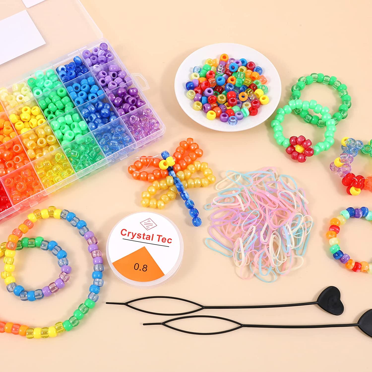 Pony Beads Bracelet Making Kit, Rainbow Kandi Beads for Jewelry Making DIY,  Hair Beads for Braids for Girls Women with Hair Beaders Rubber Bands  Elastic String, Ideal School Gift 