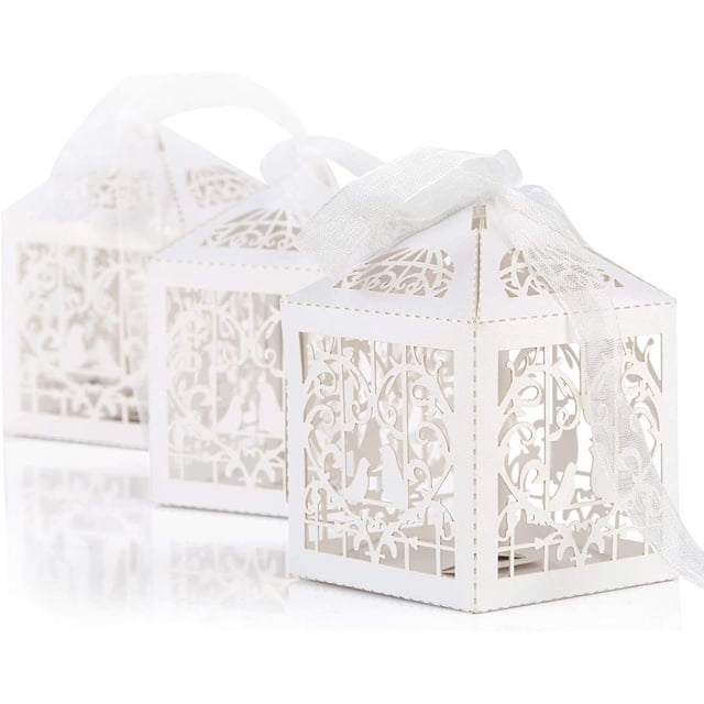 50 Caja de Regalo de Bautizo, Baby Shower, Boda, Caja de Regalo de Caramelos, Caja de Papel para Regalo de Boda, Regalo de Fiesta, Envoltorio con Cinta (Blanco)