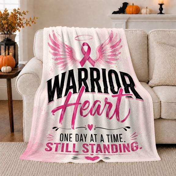 Empowering Breast Cancer Awareness Warrior Heart One Day, Cozy Typography Art Scene, Warm Flannel Blanket for Living Room and Reading Nook, Art Lovers Thanksgiving Gift, Artistic Home Decor