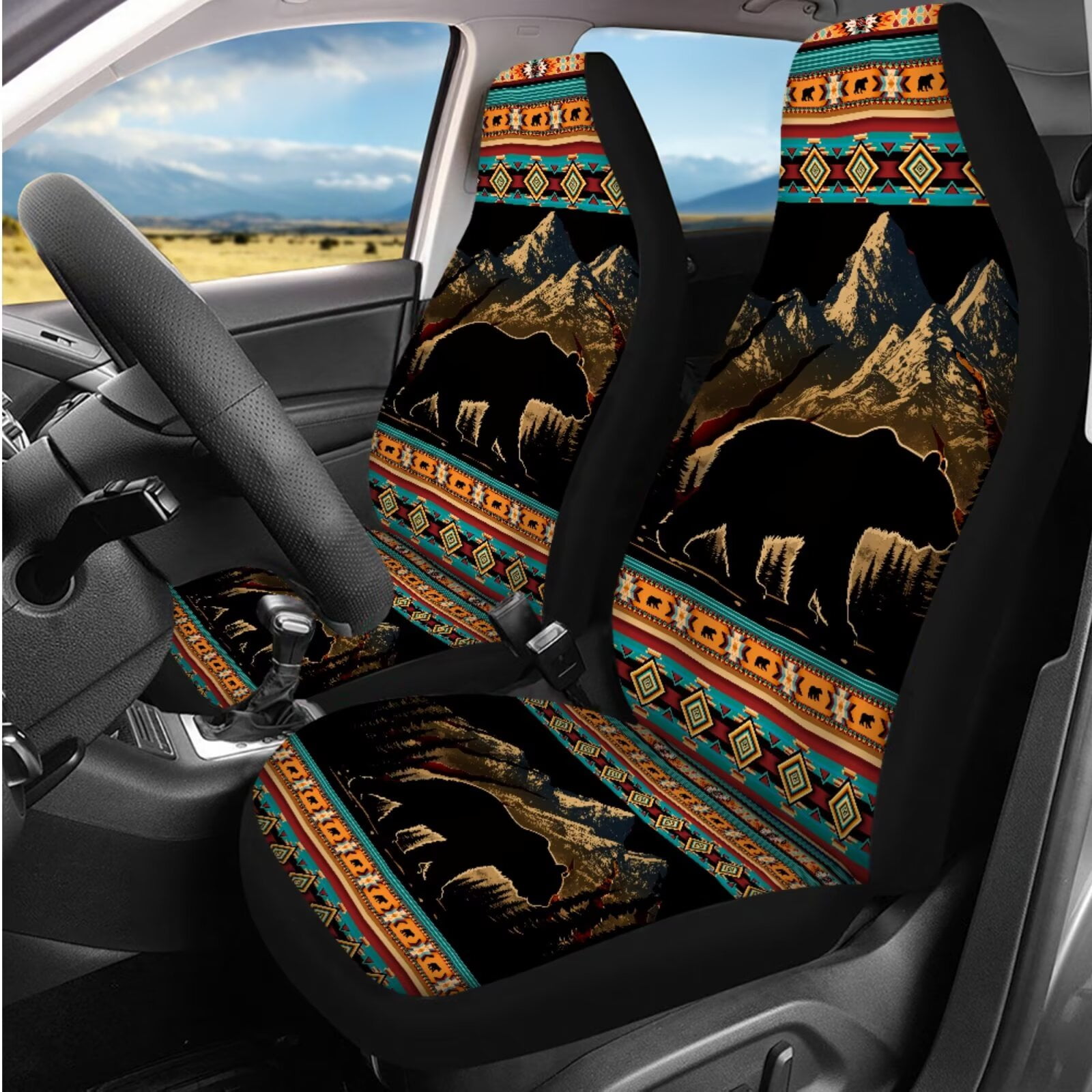 Binienty Western Aztec Car Seat Covers Front and Back Full Set 14 Pieces Auto Interior Set Brown Bear Car Seat Covers With Matching Steering Wheel Cover Elastic Washable Seatbelt Pad