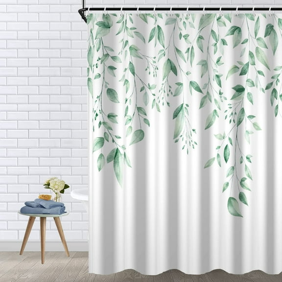 Shower Curtain, Mint Green Leaves Eucalyptus Shower Curtain Set, Watercolor Green Leaves on The Top Plant Natural Fabric Shower Curtain for Bathroom 72x72 Inch with Hooks