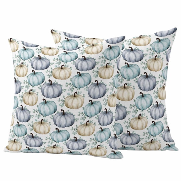 Teal Blue Pumpkin Outdoor Waterproof Pillow Covers, Thanksgiving Green Eucalyptus Autumn Decorative Square Throw Pillowcase Sofa Cushion Sham for Patio/Couch/Chair, 24"x24" 2 Pack