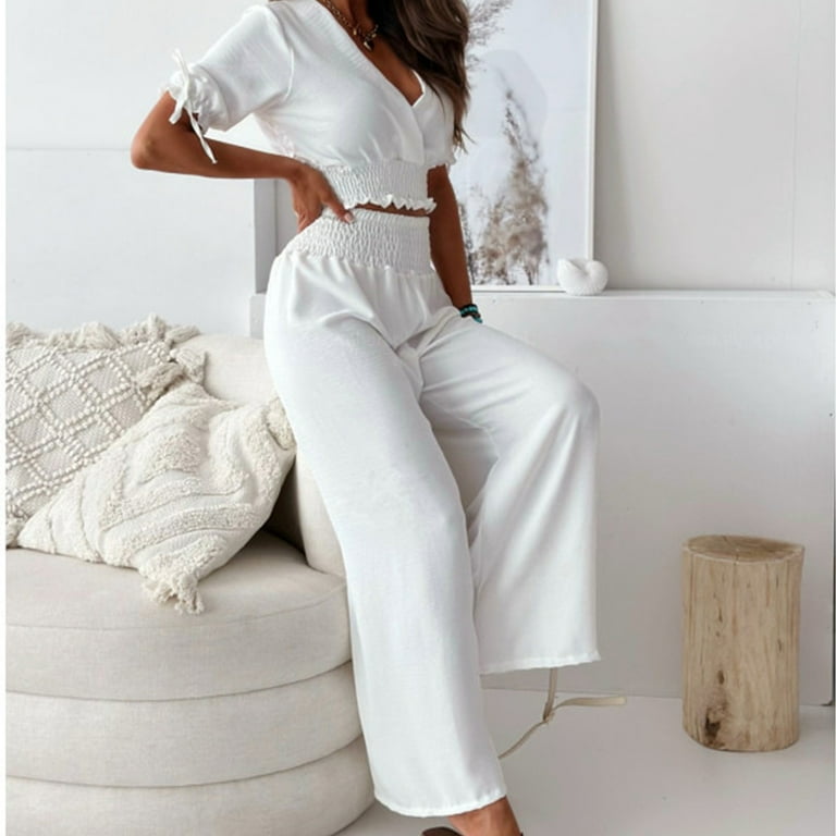 【WOOHWA】LIDA 2 PIECE SET Yuzhih Two Piece Outfit for Women Short Sleeve V Neck Crop