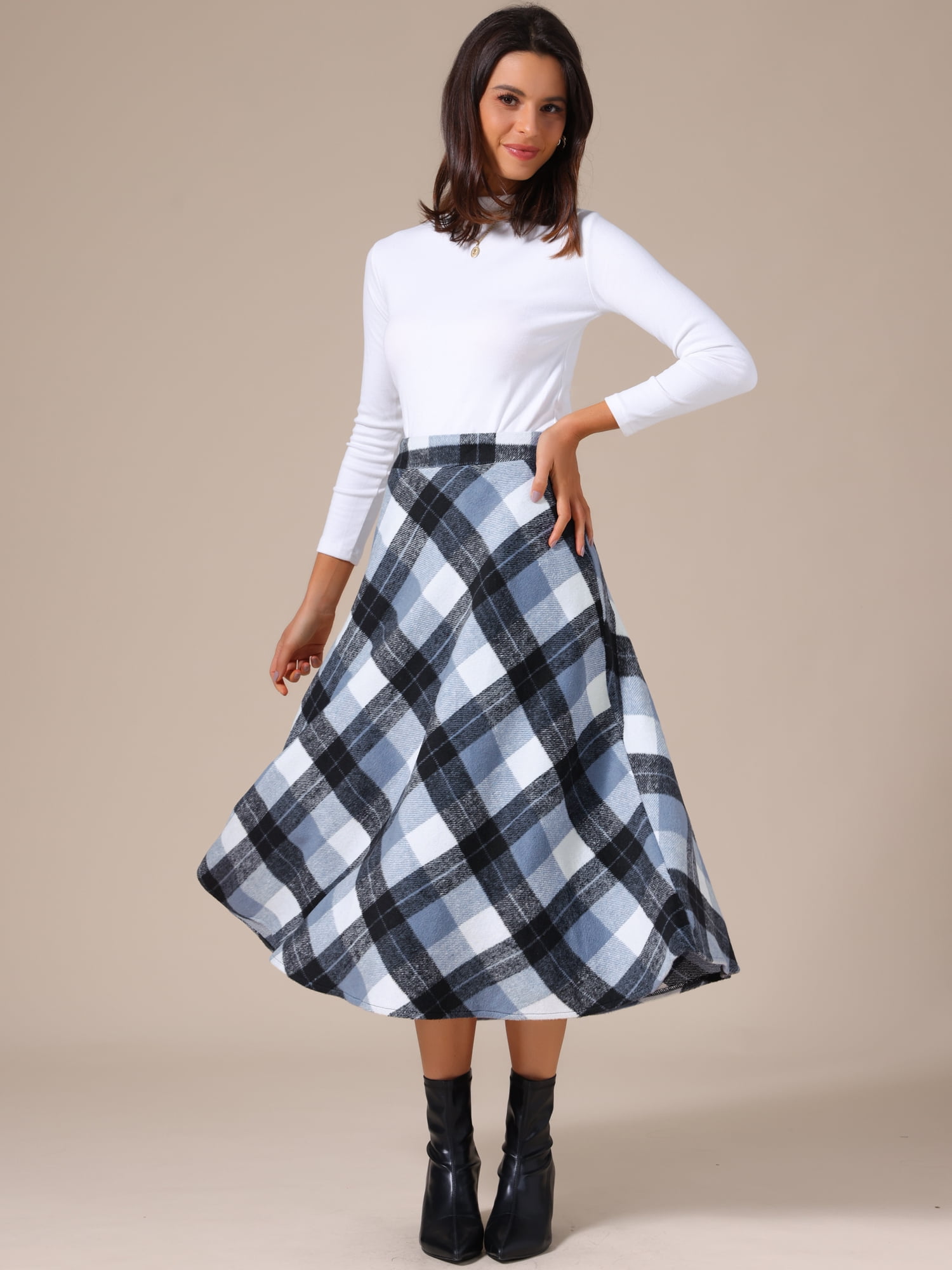 DARING DIVA Women's Vintage Plaid A-Line Work Long Maxi Skirt Small Gray Blue