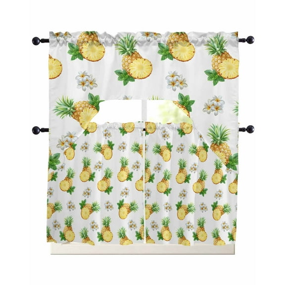Summer Pineapple Kitchen Curtains Sets 24 Inch Length with Valance, Modern Tropical Fruit Watercolor Swag Valances and Tiers Curtain Set Drapes Swag Curtains for Living Room, Bathroom, Bedroom, Cafe