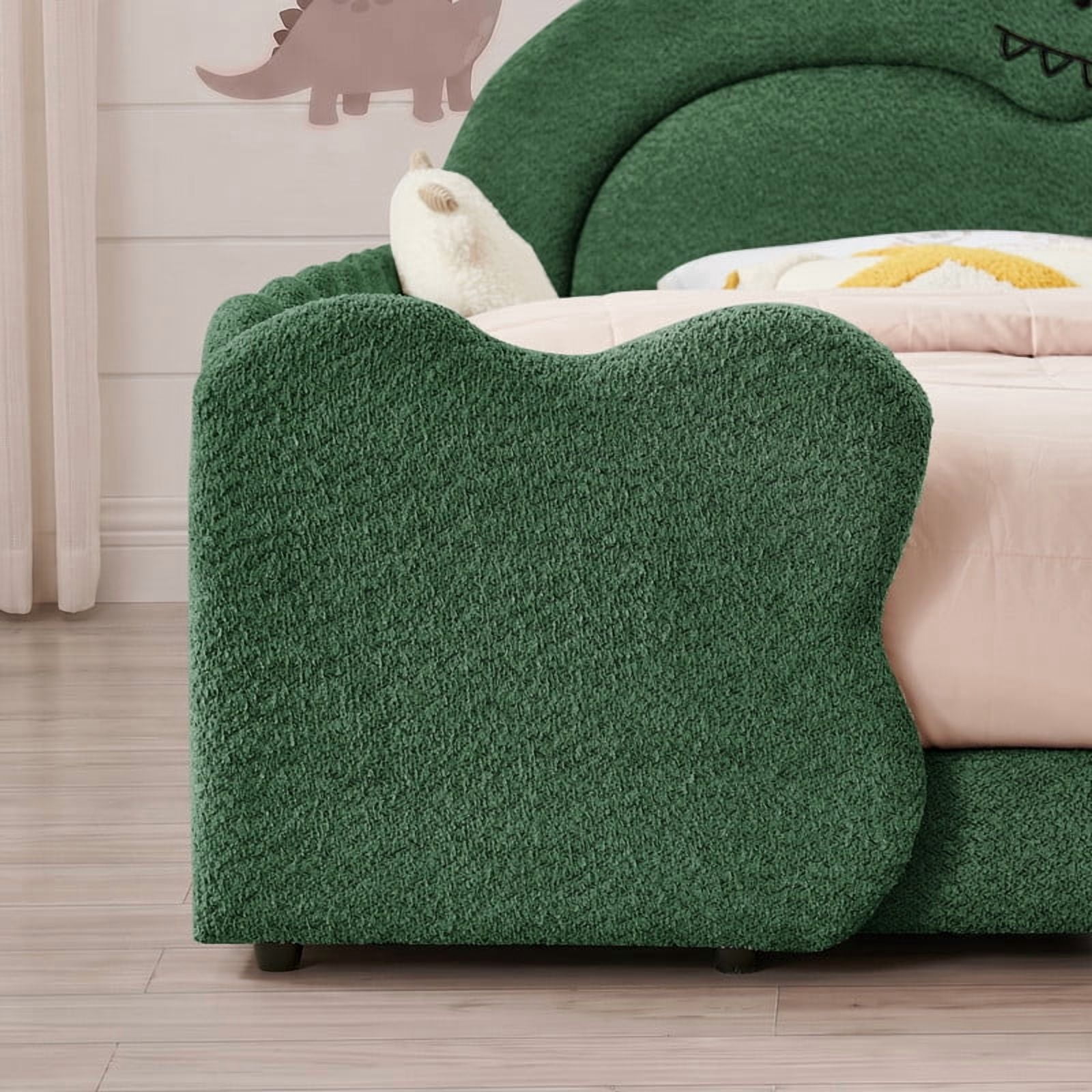 Full Size Kids Dinosaur-Shaped Platform Bed with Guardrails, Low-Profile Upholstered Boucle Fabric Playful Child Daybed Frame
