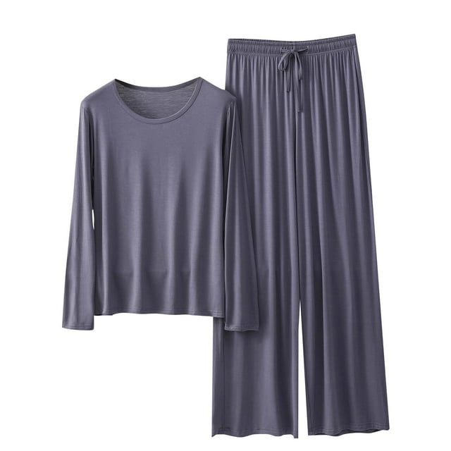 yoeyez Ensembles de Détente pour Femmes Pyjamas en Modal à Manches Longues 2 Pcs Hauts à Col Ras du Cou à Enfiler et Pantalons à Jambes Larges Ensembles de Détente Pjs Gris,G