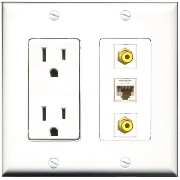 RiteAV - 15 Amp Power Outlet 2 Port RCA Yellow 1 Port Cat6 Ethernet Ethernet White Decorative Wall Plate