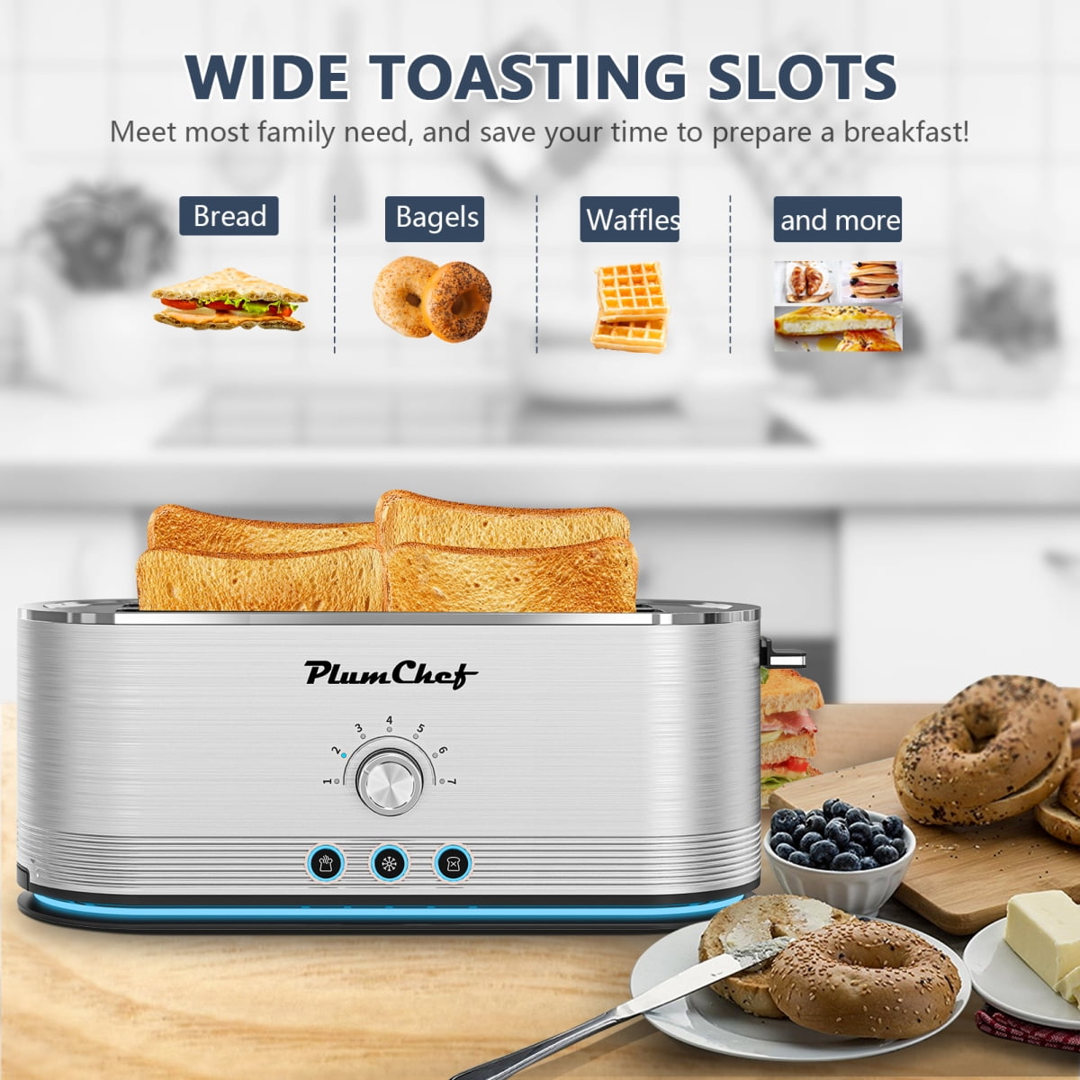 4-Slice Toaster, 7 Browning Settings, Defrost/Reheat Functions, Removable Crumb Tray, Full body Stainless Steel Housing 1350W,Anti-Fingerprint  Anti-Jam stainless steel