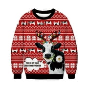 STYLEWORD Christmas Cow Sweatshirt with Graphic Sleeves All Over Print Ugly Christmas Sweater Funny Christmas Gifts Holiday Party Outfit Christmas Suit Xmas Ugly Sweater Unisex Gifts