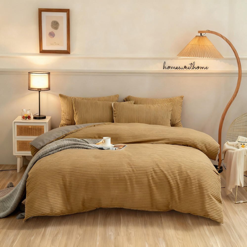 ANMINY 4-Piece Coral Fleece Duvet Cover Set (Comforter NOT Included), 150GSM Soft Warm Pinstripe Bedding with Hidden Zipper & Corner Ties, King, Gray-Backed
