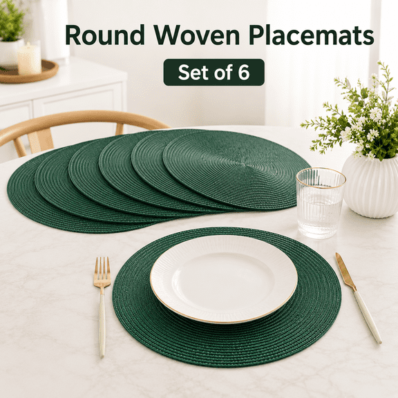 MORAVE Set of 6 Round Braided Placemats, 15 Inch Woven Non-Slip Washable Table Mats, S Green Dining Table Place Mats