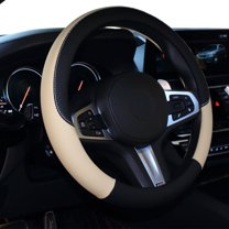 Car Steering Wheel Cover Leather Universal 15 Inch Fit, Anti-Slip Odor-Free, Black Beige