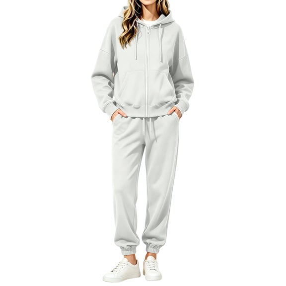 Women Casual 2 Piece Sweatsuit Full Zip Hooded Jacket & Elastic Jogger Pants Comfort Athletic Tracksuit for Workout Loungewear Light Gray L