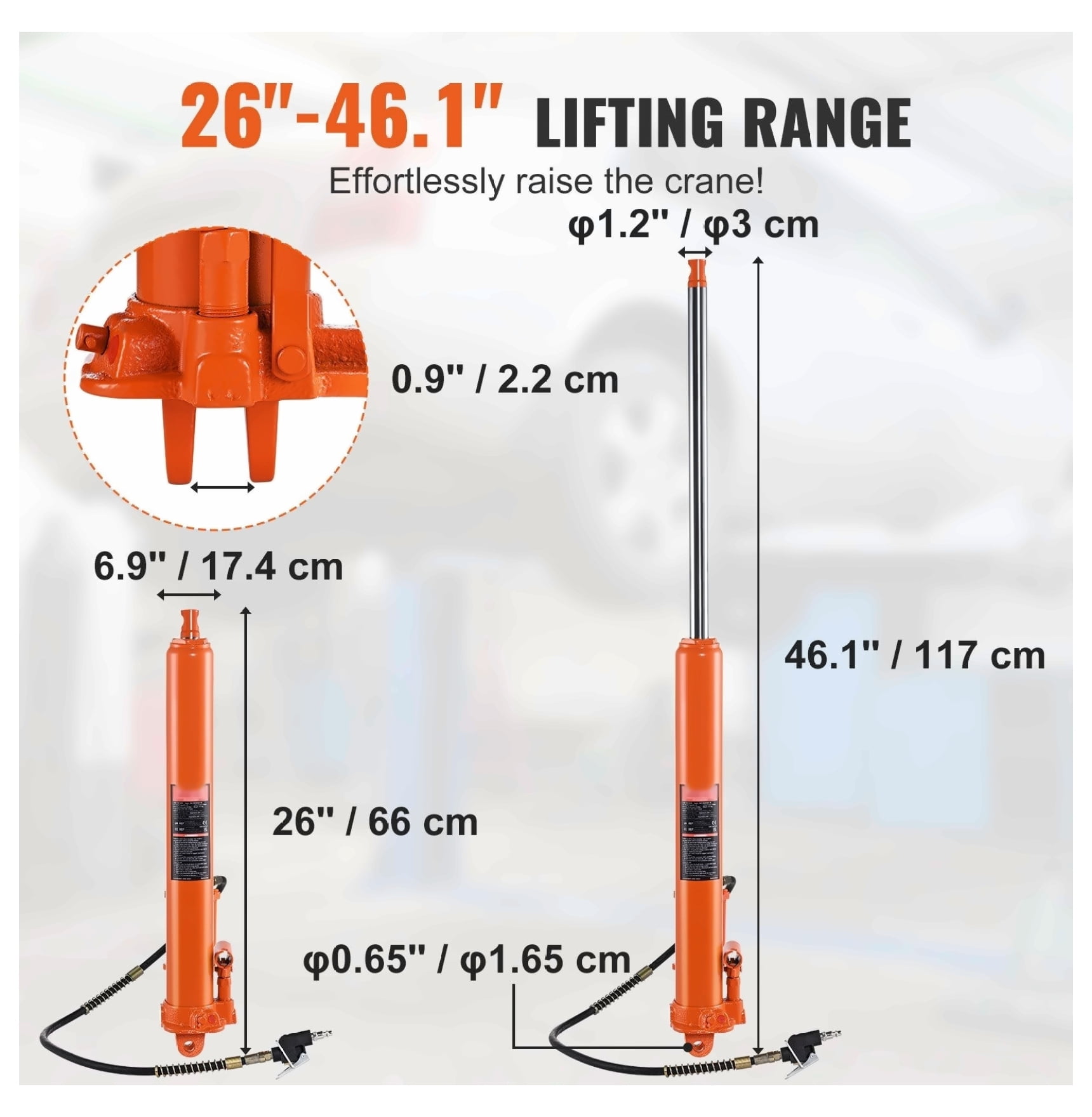 8 Ton Hydraulic Long Ram Jack, Engine Hoist Cylinder with Air Pump - 26-46.1 Inch Lift - Heavy Duty Steel Clevis Base for Garage, Shop Cranes & Farm Equipment