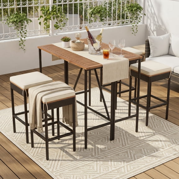 Resenkos GO 5-Piece All-Weather Outdoor Bar Height Dining Set – Acacia Wood Table 4 Wicker Stools, Foldable Tabletop, Rust-Resistant & Space-Saving Patio Bistro Set, Brown