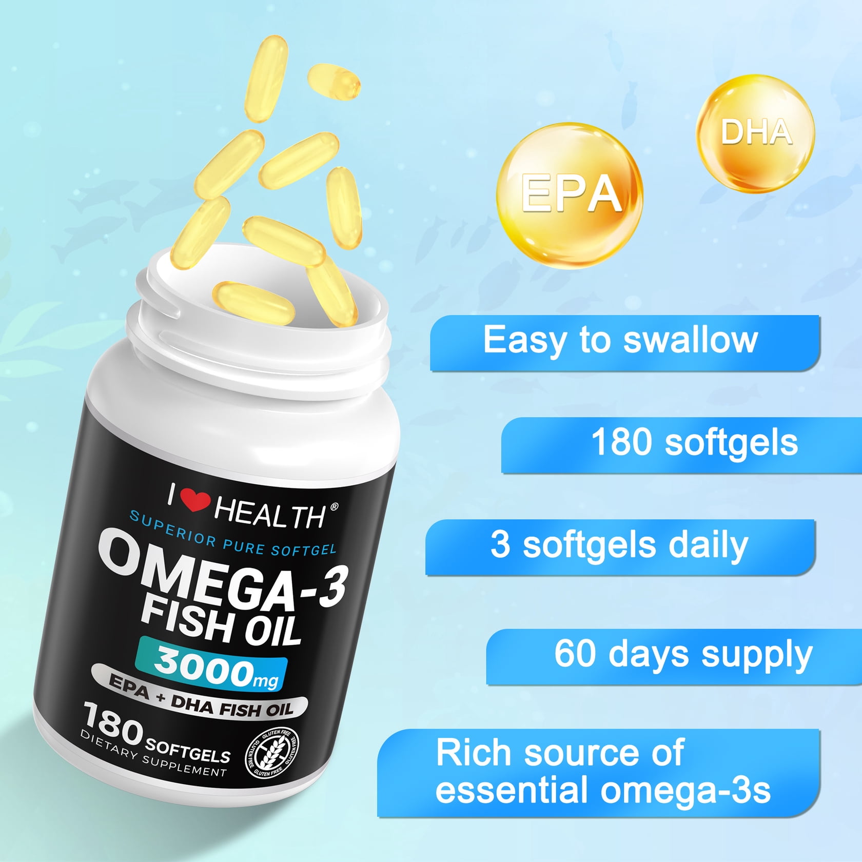 3 Pack Omega 3 Fish Oil Supplements 3000mg,Extra Strength Burp Less Fish Oil,540 Softgels