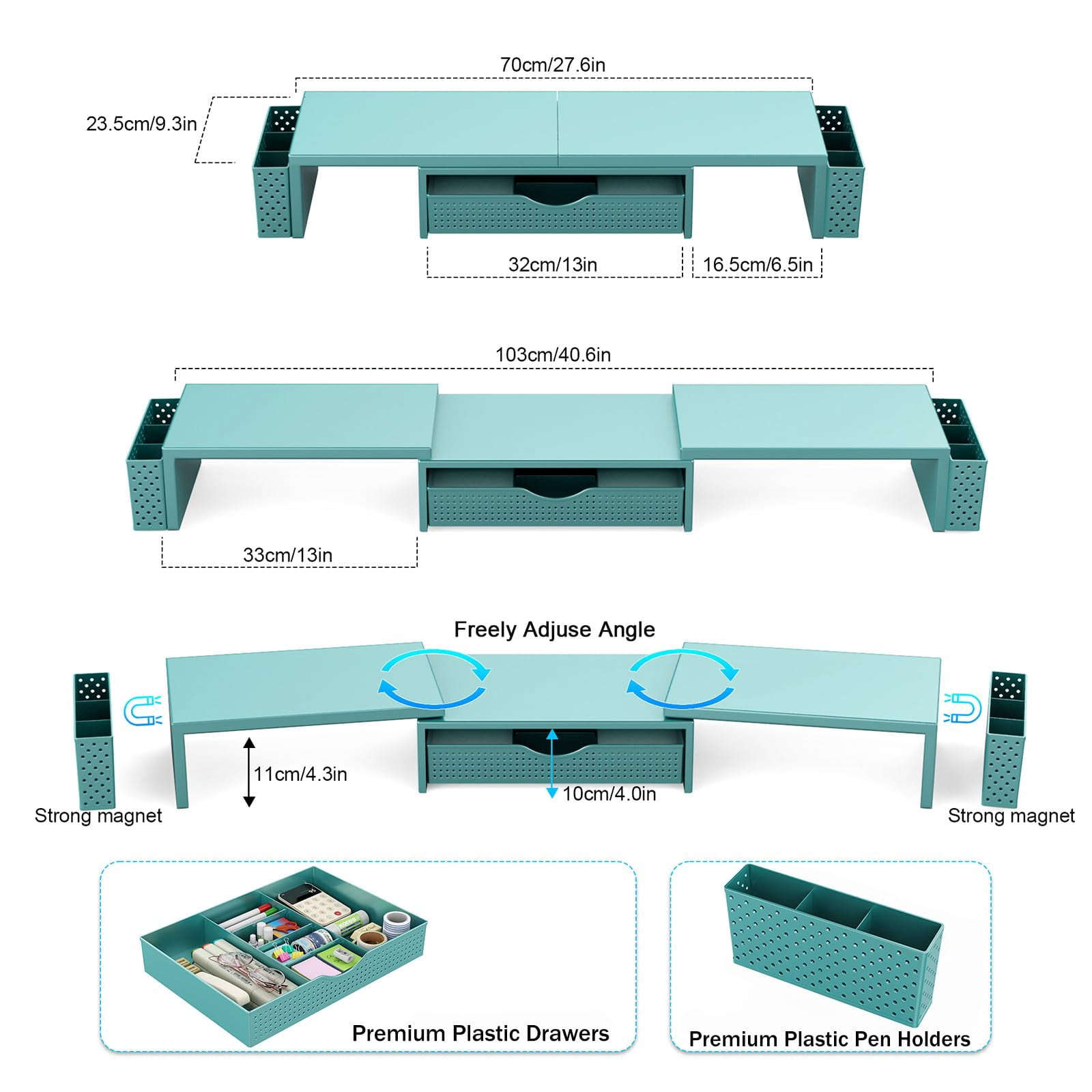 Metal Desk Organizers And Accessories  Dual Monitor Stand Riser With Drawer 2 Pen Holders & Workspace Desktop For Office Supplies (blue)
