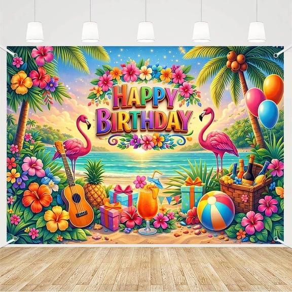 Hawaiian Summer Birthday Backdrop Summer Tropical Beach Luau Happy Birthday Background Tropical Palm Trees Flowers Flamingo Birthday Party Decorations Banner Supplies Photo Booth Props