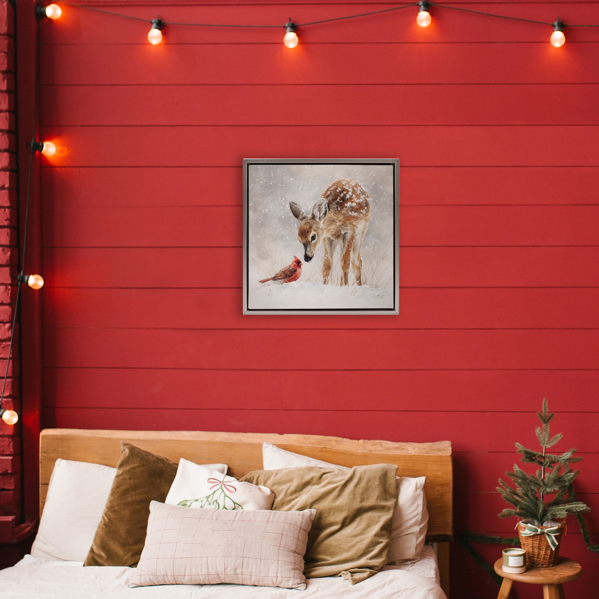 Stupell Industries Little Fawn & The Cardinal Gray Framed Floater Canvas Wall Art, design by Tina LeCour
