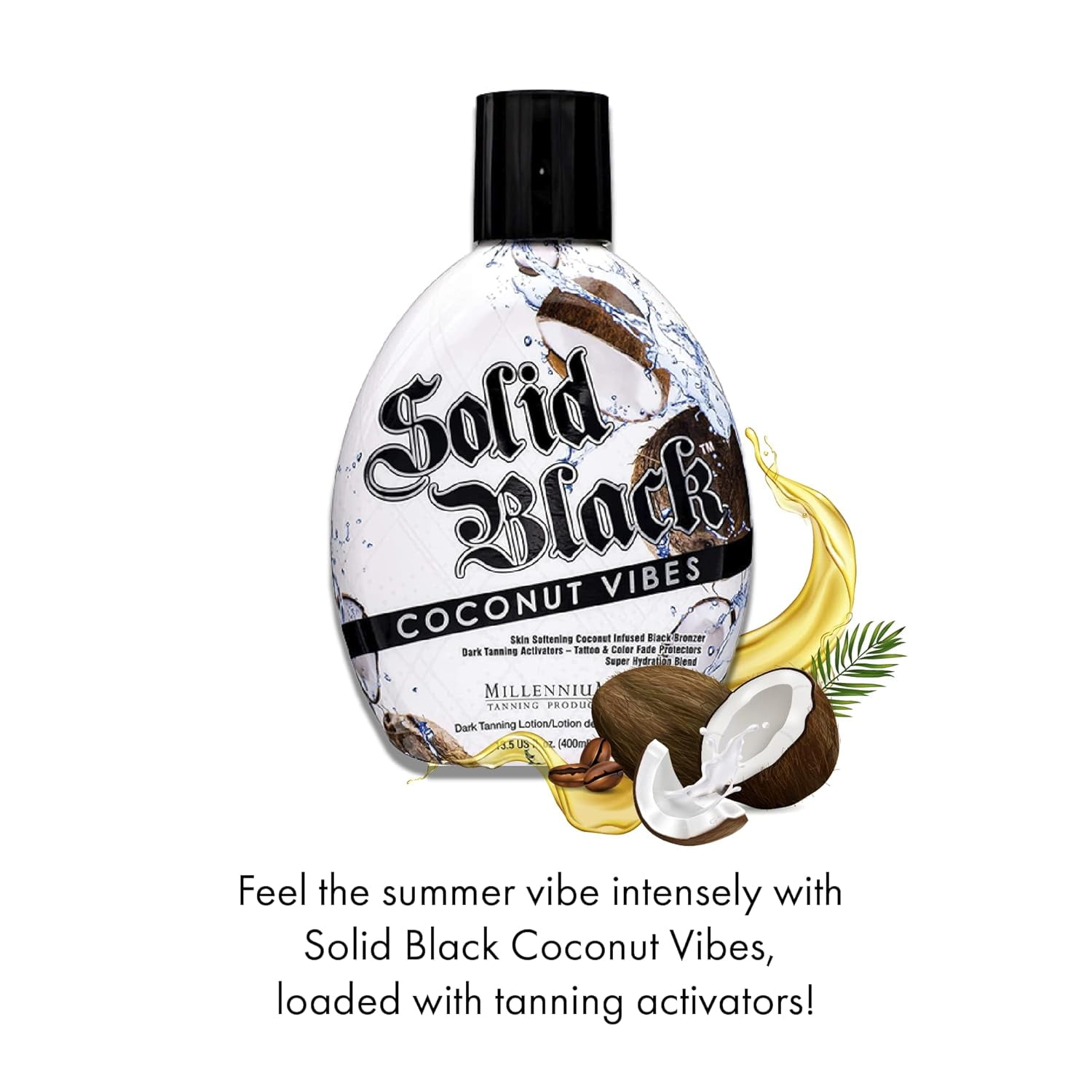 Millennium Tanning Solid Black COCONUT VIBES Infused Black Bronzer Dark Tanning Activators - Tattoo & Color Fade Protectors Super Hydration Blend Indoor/Outdoor Tanning Lotion 13.5 fl oz