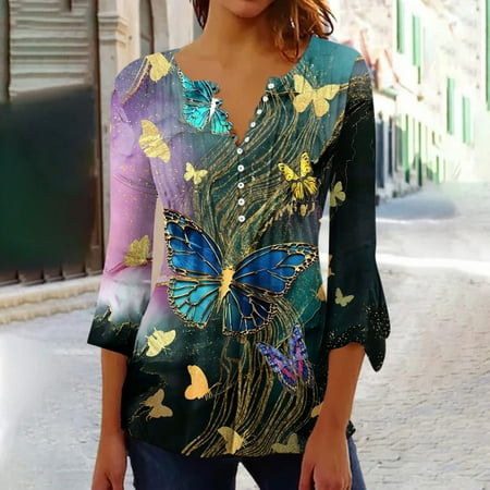 

DroolingDog Womens Summer Tops 2023 Women s Casual Trumpet 3/4 Sleeve Printed Buttoned Basic Ruched Corset Tunic Tops Pleated T-shirts Blouses