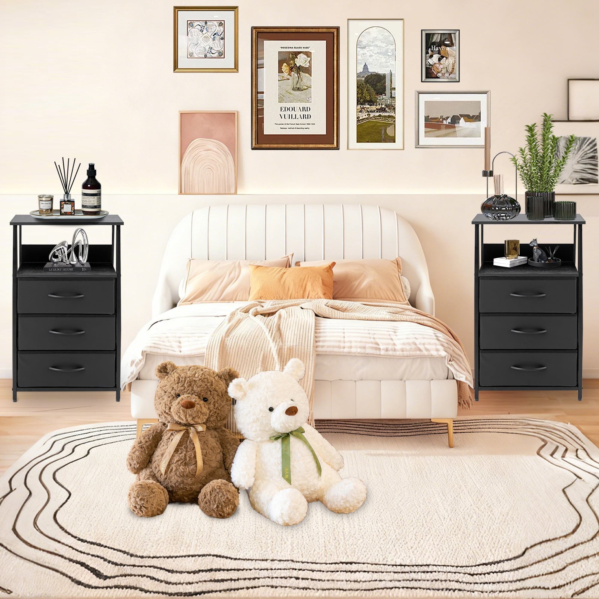 YEEZEE Bedside table with 3 fabric-covered drawers and an open shelving unit,ideal for bedrooms, entryways, and college dorms, easy to assemble. black