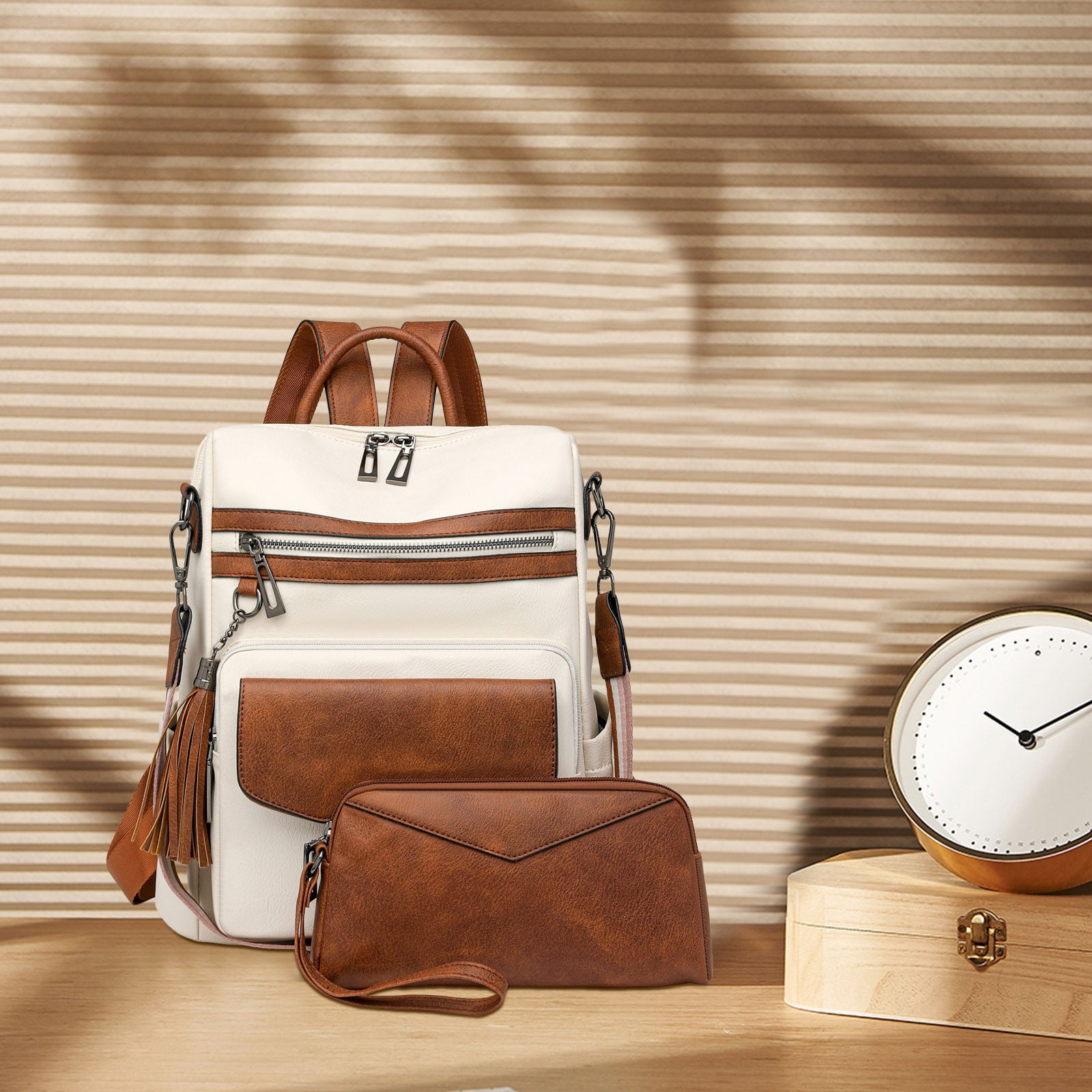 Modstep 2pcs Women Leather Backpack and Wallet Retro Zipper Compartment Daypack Travel Lightwight Purse with Adjustable Strap White