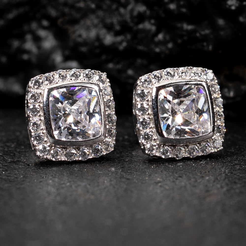 Elegant Square Halo Brilliant Iced Cushion Cut Cz Sterling Silver Hip Hop Men's Women's Stud Screw Back Earring Icy 5A Cubic Zirconia Unisex Small 10mm Earrings