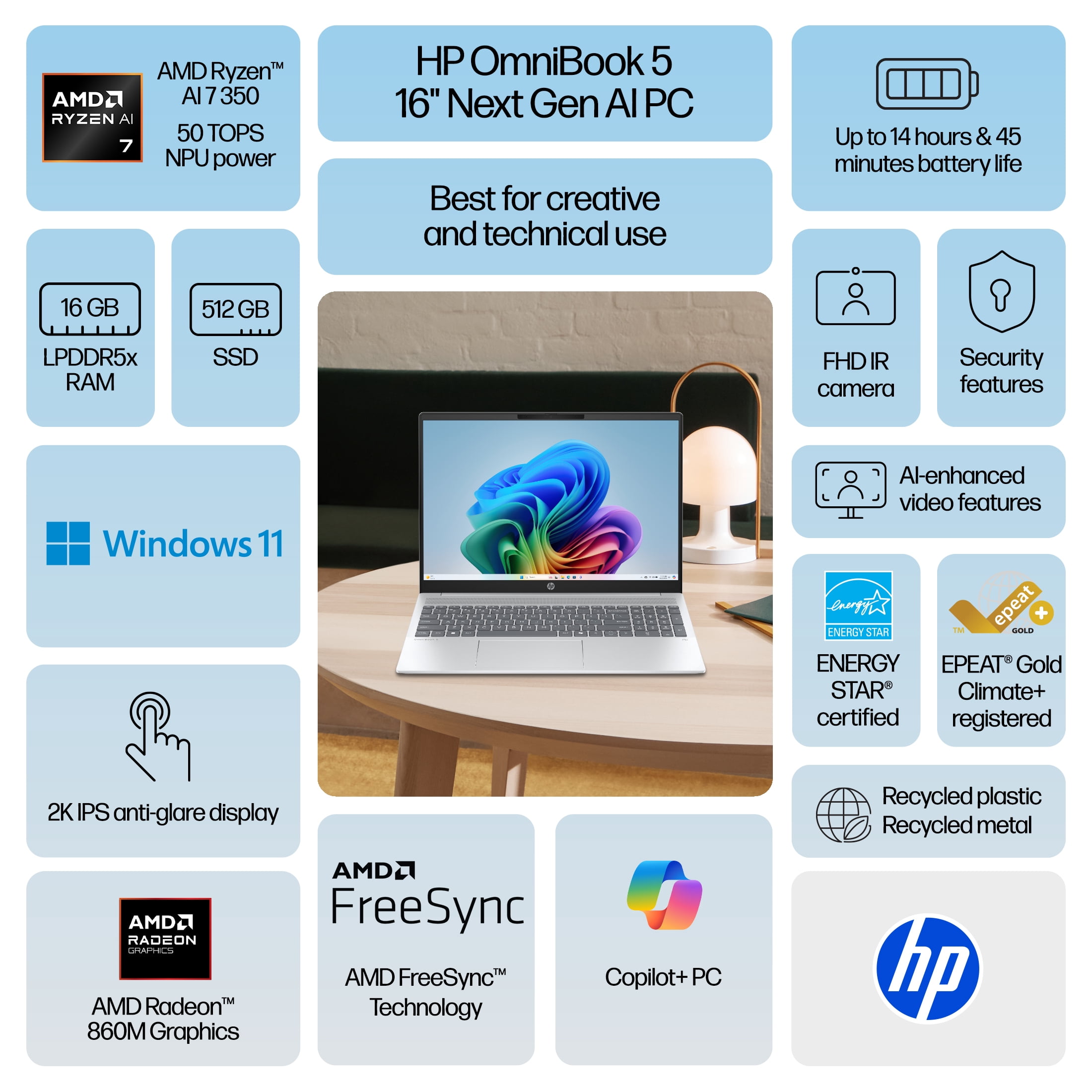 HP Omnibook 5 16 inch Windows 11 Laptop AMD Ryzen 7 AI PC 16GB RAM 512GB SSD Glacier Silver