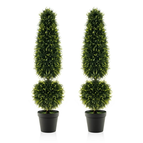 Gymax 2 PCS 47.5'' Artificial Boxwood Topiary Tree w/ Natural Vines PE Leaves & Flowerpot